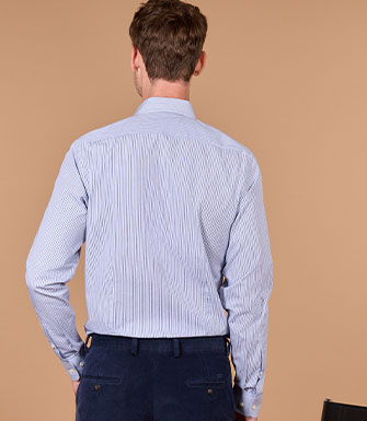 +3 couleurs CHEMISE HOMME À FINES RAYURES NAVY ET BLEUES - FLORIEN - Popeline - Col français - Gorge simple