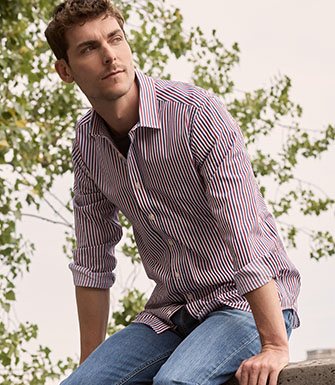 CHEMISE HOMME RAYÉE ROUGE ET BLEUE - MÉRILDE - Popeline - Col français - Coupe ajustée raccourcie