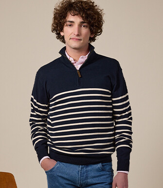 Pull col zippé marin coton bio/cachemire Marine et Ecru - VLADIAC