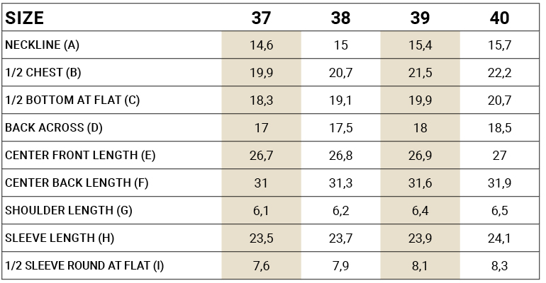 tableau de mensurations
