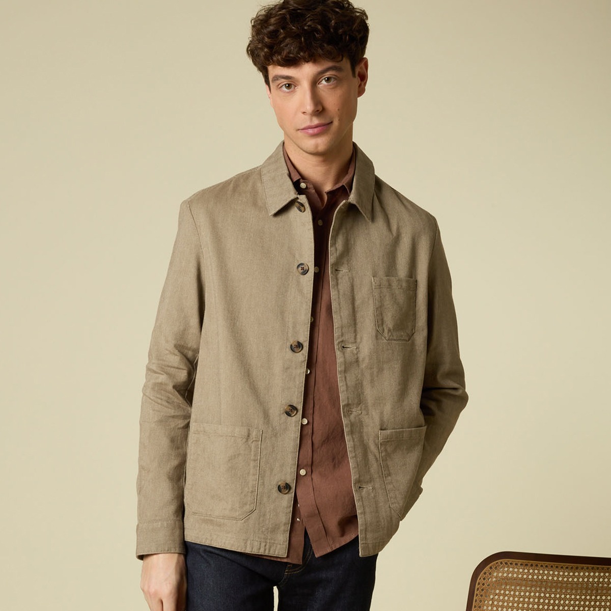 Veste de peintre coton/lin - Chevron Kaki - FAUSTINIEN - Blousons et Vestes Textile homme chevron kaki