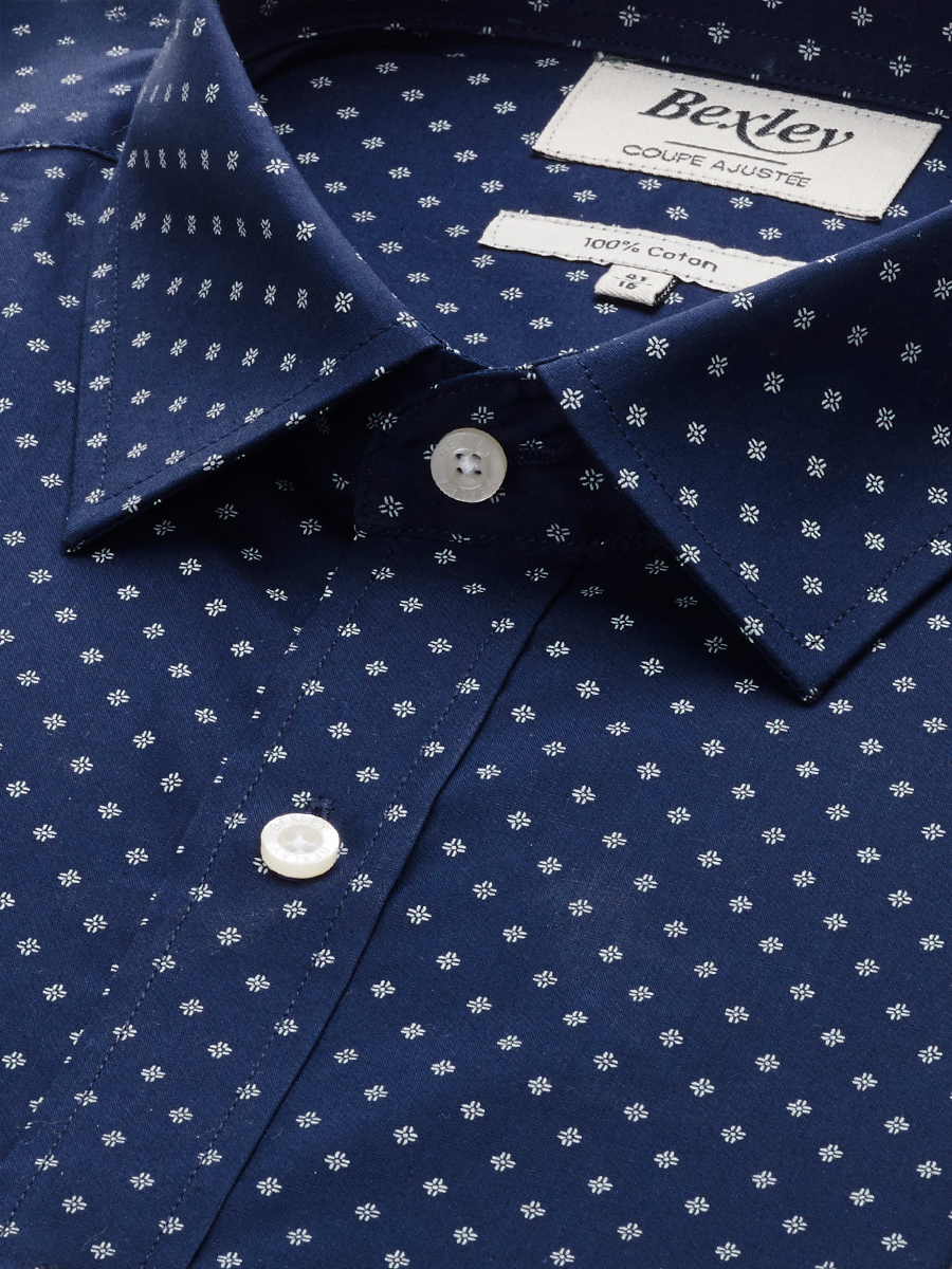Chemise imprimée Navy motifs blancs - Col français - ALPHIDE - Chemise homme bleu marine et blanc