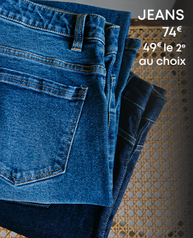 Jeans en bleu délavé et bleu foncé avec le texte 'Jeans 74€, 49€ le 2e au choix'