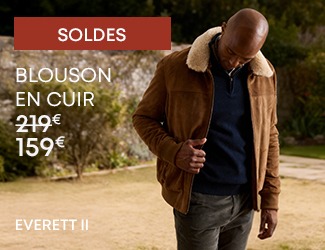 Homme portant un blouson en cuir à col moutonné en promotion